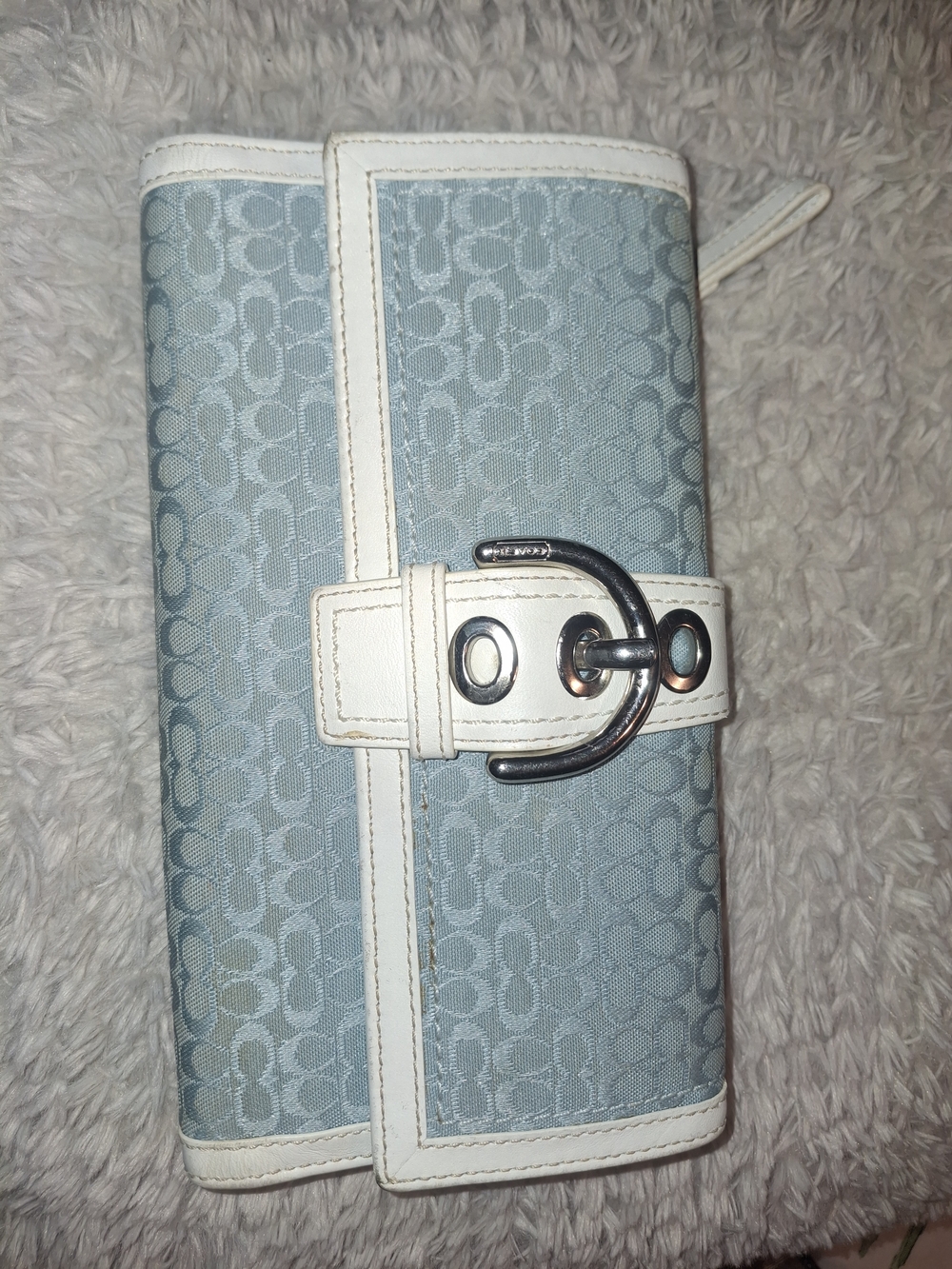 Rare Y2k COACH Light Blue Signature Pattern Wallet with White Trim LEATHER